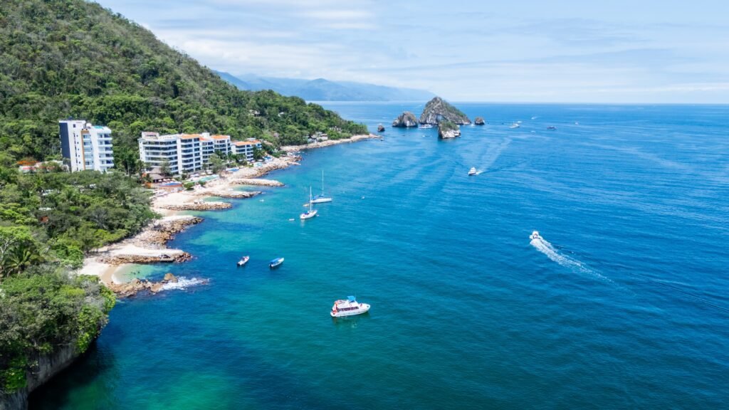 Aerial view of the coastline and Los Arcos National Marine Park near Puerto Vallarta