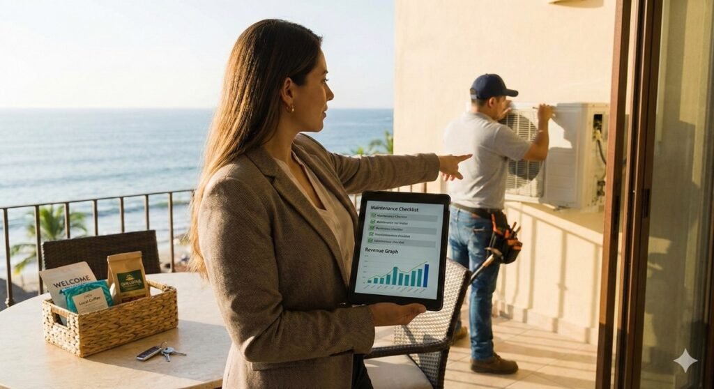 Property manager with a tablet reviewing a vacation rental with a maintenance technician